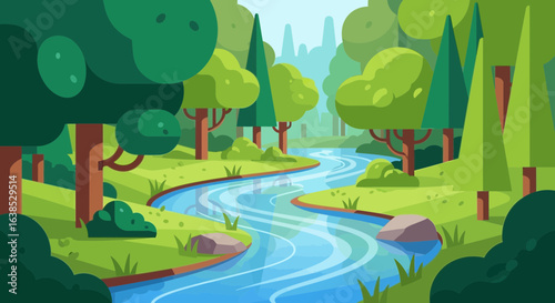 Stylized winding river flowing through lush green forest landscape