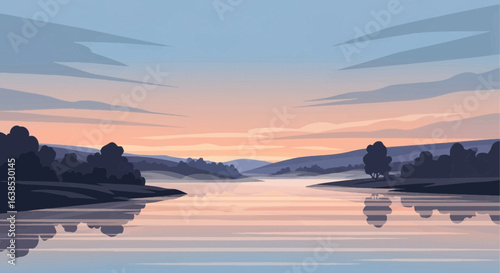 Serene vector landscape featuring pastel skies and tranquil water reflection