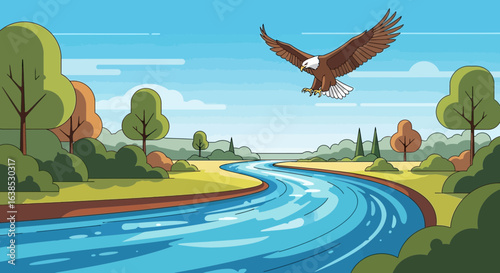 Bald eagle soars over pristine river landscape, illustrating natural beauty