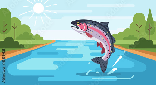 Cartoon leaping trout illustration amidst a serene aquatic environment