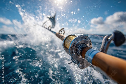 Experience the thrill of deep-sea fishing with a luxury rod against the backdrop of sparkling blue waters on a sunny afternoon adventure