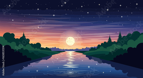 Enchanting nighttime scenery with river, moon, and distant stars