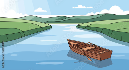 Cartoon illustration of a wooden rowboat floating on a tranquil river landscape