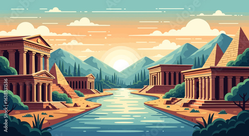 Stylized landscape featuring ancient architectural ruins and river scenery