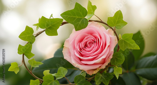 Fototapeta Naklejka Na Ścianę i Meble -  Close up of a pink rose surrounded by green ivy leaves with a blurred background in soft lighting ai generated
