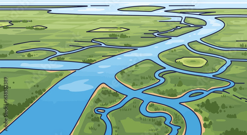 Aerial view of a river delta winding through a lush green landscape illustration