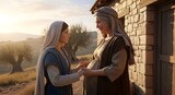 Generative AI of The Visitation, The Virgin Mary Greeting a Pregnant Saint Elizabeth in a Biblical Scene