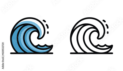 Stylized Ocean Wave Duo, Colored and Black and White, Illustrating Power and Simplicity of Nature