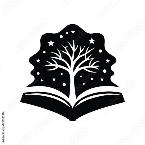Open Book with Tree and Stars Silhouette Vector Art