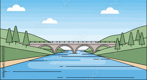 Stylized landscape featuring a river, bridge, and rolling hills, showcasing simplistic design