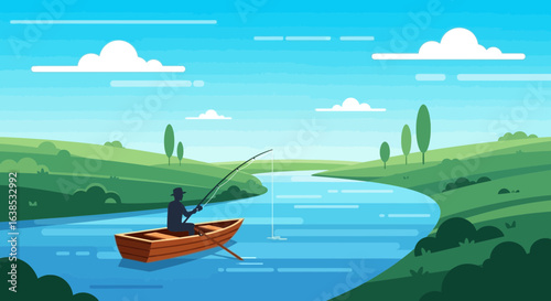 Serene fishing adventure on tranquil waters, surrounded by lush green landscape