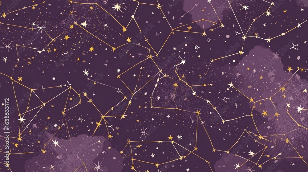 Fototapeta premium Celestial pattern with golden constellations, nebulae, and stars against a dark backdrop