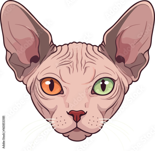 Sphynx cat with heterochromatic eyes detailed vector illustration of hairless feline face 