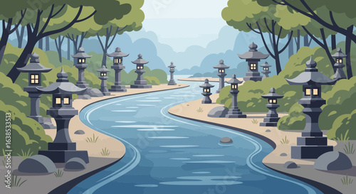 Serene riverside scenery featuring japanese stone lanterns within a lush forest