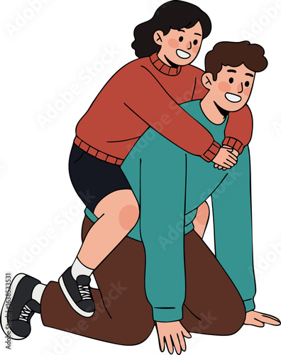 Young couple having fun piggyback ride casual clothing joyful moment 