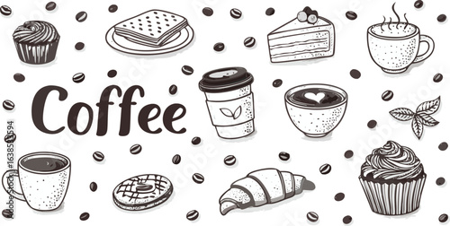 Coffee themed doodle pattern with coffee beans, cup, cake, croissant and other pastries illustration