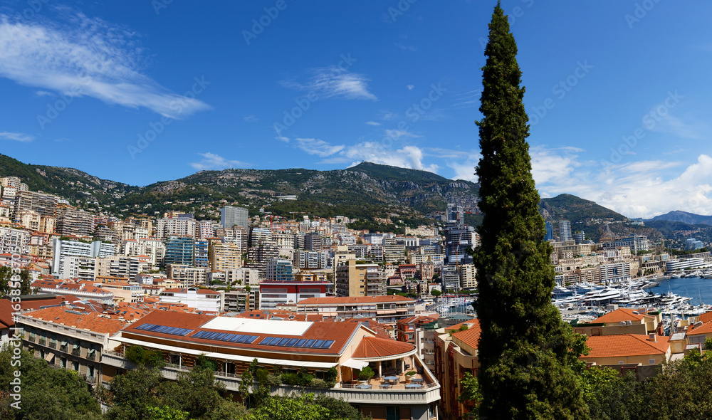Obraz premium Elevated view of a Monaco cityscape with layered high-rises and red rooftops nestled in green hills.