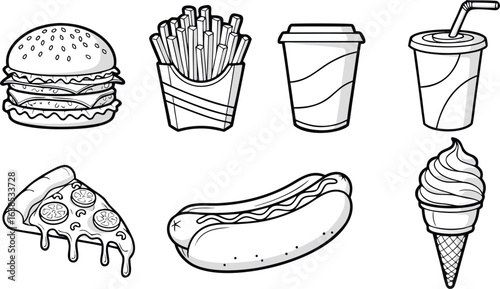 A black and white line drawing of fast food items including a burger fries pizza hot dog and ice cream cone