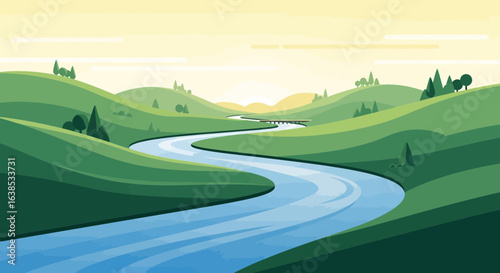 Serene cartoon valley landscape illustration with winding river and hills