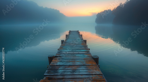 Mist over calm waters, leading to a serene horizon via a weathered wooden dock, at dawn or dusk.