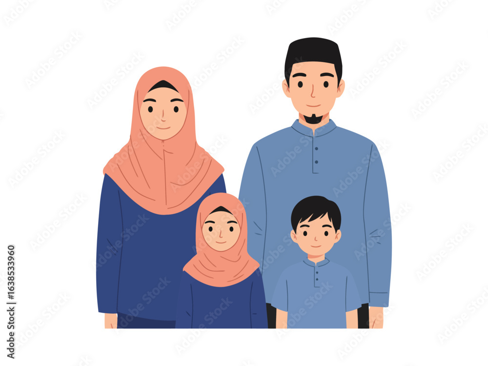 Fototapeta premium Muslim family of four parents and two children isolated on white background