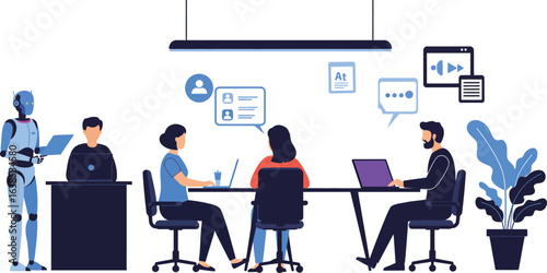 Vector illustration of a modern business team in an office collaborating with an AI robot, symbolizing future technology, automation, and innovation in a business environment.