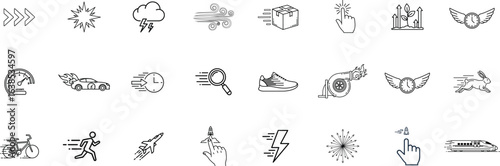 Speed, acceleration line icon set. Vector pictograms of fast movement, progress, quick actions, rocket, speedometer, lightning bolt, rapid growth dynamic thin linear illustration.