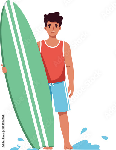 Young man holding green surfboard standing in water with blue shorts and red tank top vector illustration 