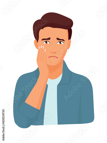 The man suffers from toothache. Flat vector clipart, illustration with isolated background.