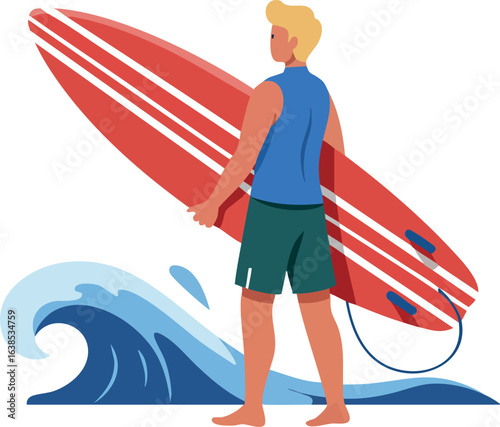 Male surfer with red surfboard standing near blue ocean wave in summer vector illustration 