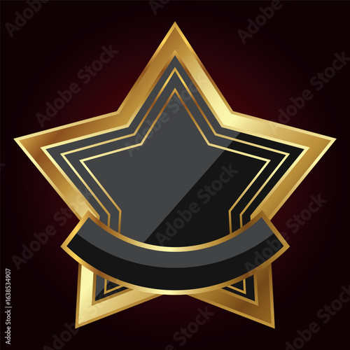A stylized gold star with several contours and a dark glossy center. A black ribbon is located at the bottom of the star.