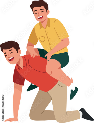Father and son playing piggyback together cheerful family bonding moment vector 