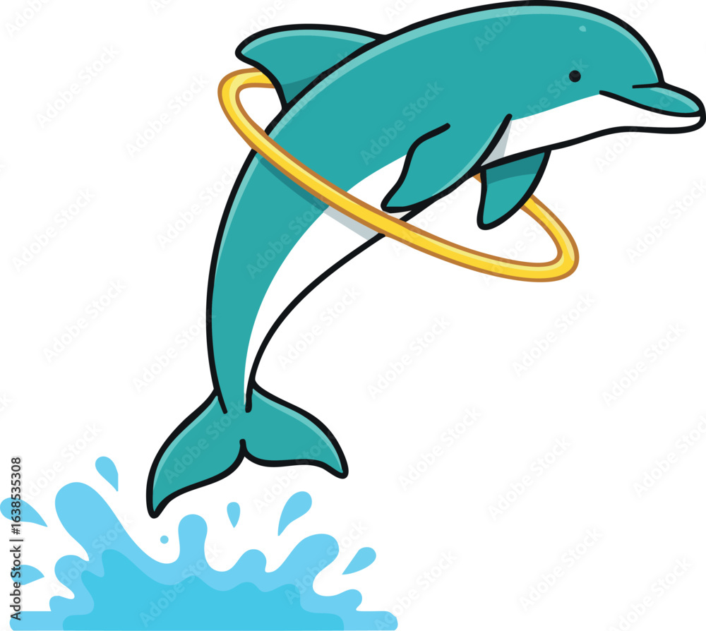 Obraz premium Dolphin jumping through yellow ring over blue splash vector illustration 