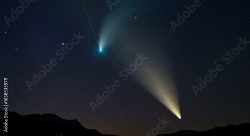 Two bright comets grace the night sky above a dark landscape