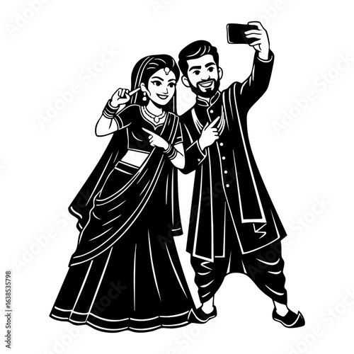 Minimal Hindu Wedding Couple Taking Selfie Vector Illustration
