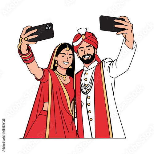 Minimal Hindu Wedding Couple Taking Selfie Vector Illustration