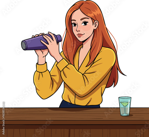 Woman mixing cocktail with shaker in yellow blouse at bar counter vector illustration 