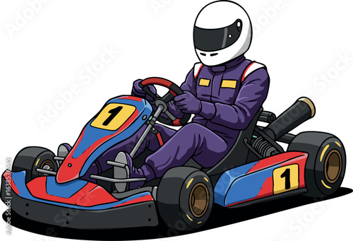 Go-kart racing driver in helmet and purple suit driving red and blue kart vector illustration 
