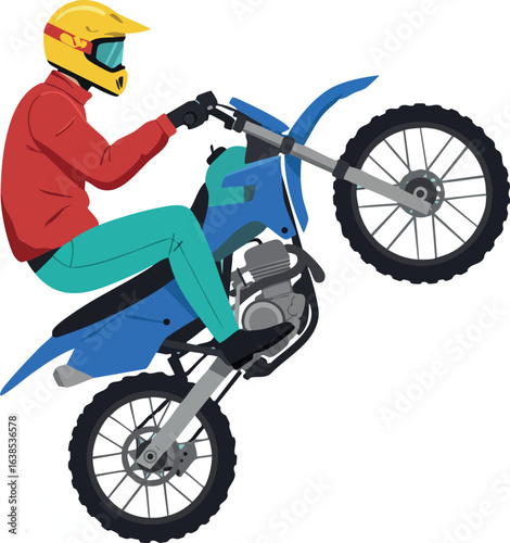 Motorcycle rider performing wheelie stunt wearing yellow helmet and red jacket vector illustration 