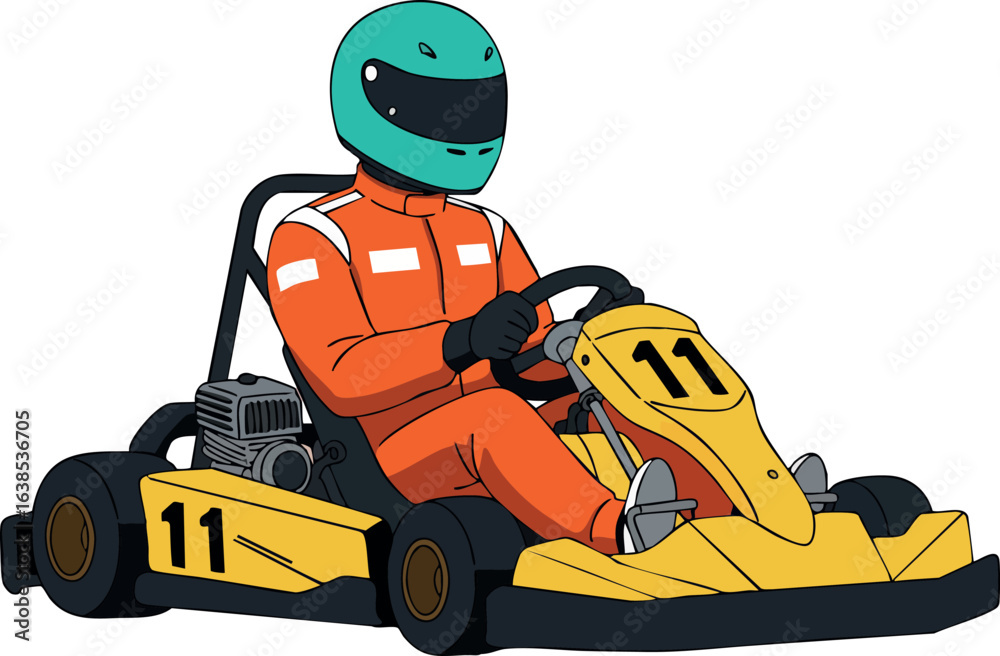 Obraz premium Go-kart racing driver in orange suit and green helmet driving yellow kart with number eleven vector illustration