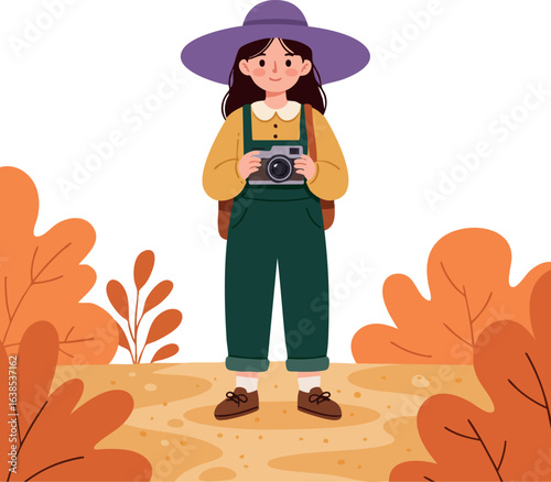 Young female traveler with camera in autumn nature scene vector illustration 