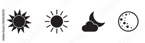Sun and Moon icon, vector. Moon and stars silhouette. Sun and moon flat icon. Shining Sun and crescent Moon. Vector Illustration.