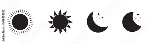 Day and night icons, sun and moon symbols, contrast mode, light and dark theme, weather icons, flat vector design, minimal UI