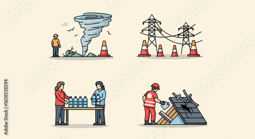 A set of flat line illustrations depicting a natural disaster, showing a tornado, damaged power lines, humanitarian aid, and emergency roof repair.