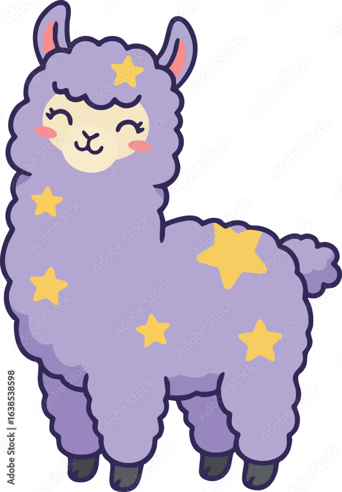 Fototapeta premium Cute purple llama with yellow star decorations cartoon style vector illustration 