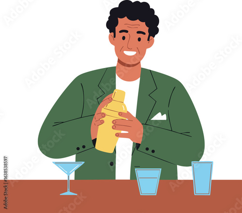 Man shaking cocktail shaker preparing drinks bar counter illustration vector 