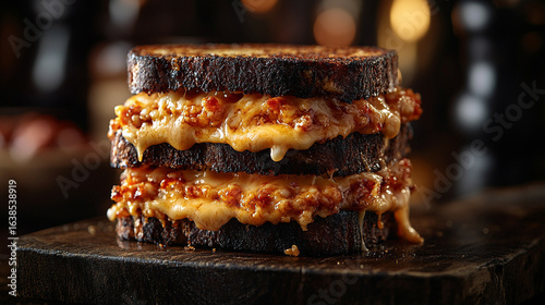A delicious, gooey melted cheddar grilled cheese sandwich served on a sleek, shiny modern wooden board. The sandwich is perfectly toasted with golden crust and oozing melted cheese inside. The bright 