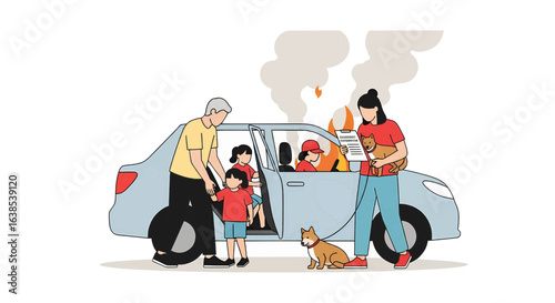 Family with children and dog standing by a smoking car, calling for roadside assistance after a vehicle breakdown or accident.