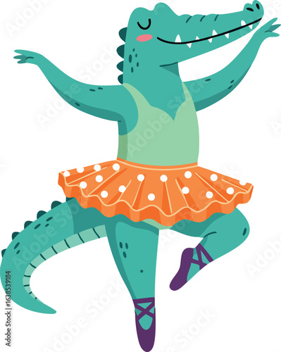 Crocodile Dancing Ballet Wearing Orange Tutu and Purple Shoes Vector Illustration 