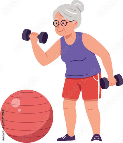 Elderly woman lifting dumbbells with red exercise ball in fitness workout routine vector illustration 